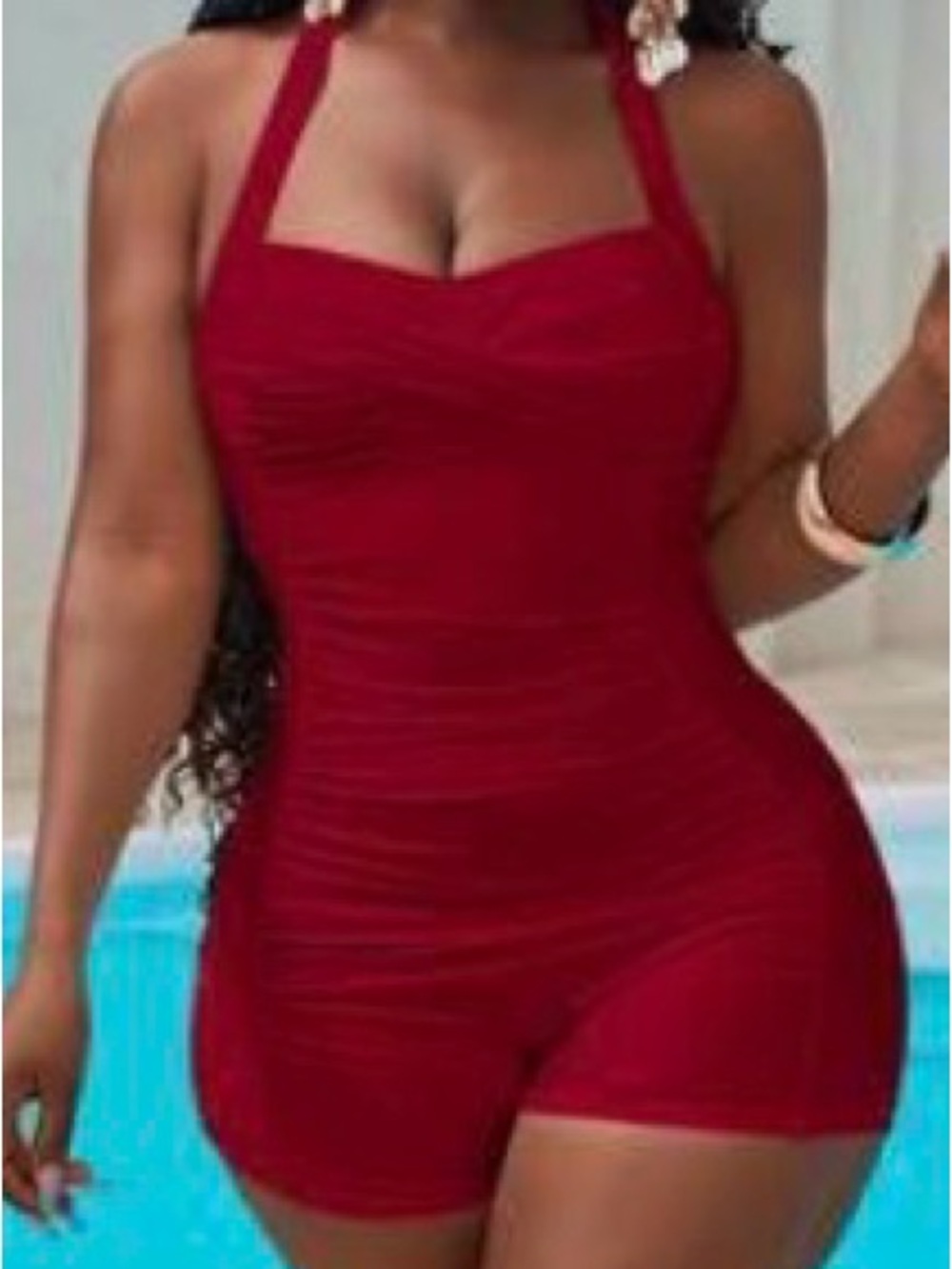 Shein Women's Red Halter Ruched Swim Dress